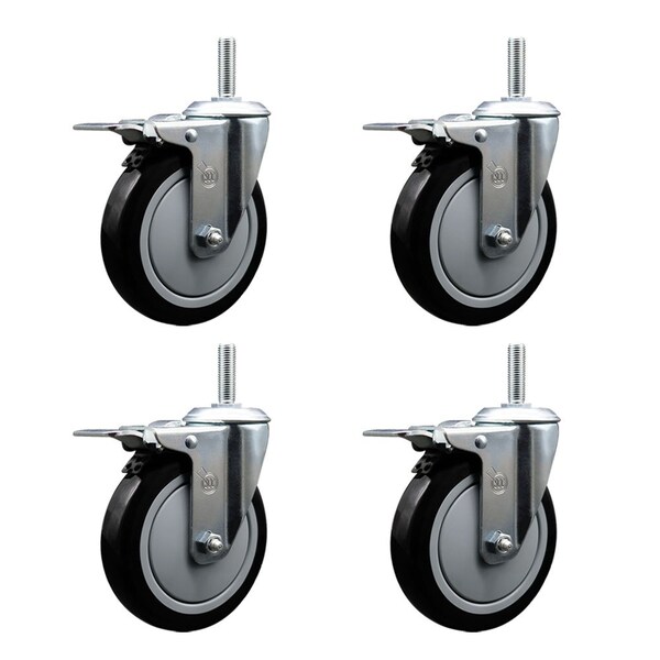 Service Caster 5 Inch Black Polyurethane Swivel 34 Inch Threaded Stem Caster Set with Total Lock Brake SCC-TSTTL20S514-PPUB-BLK-34212-4 - main